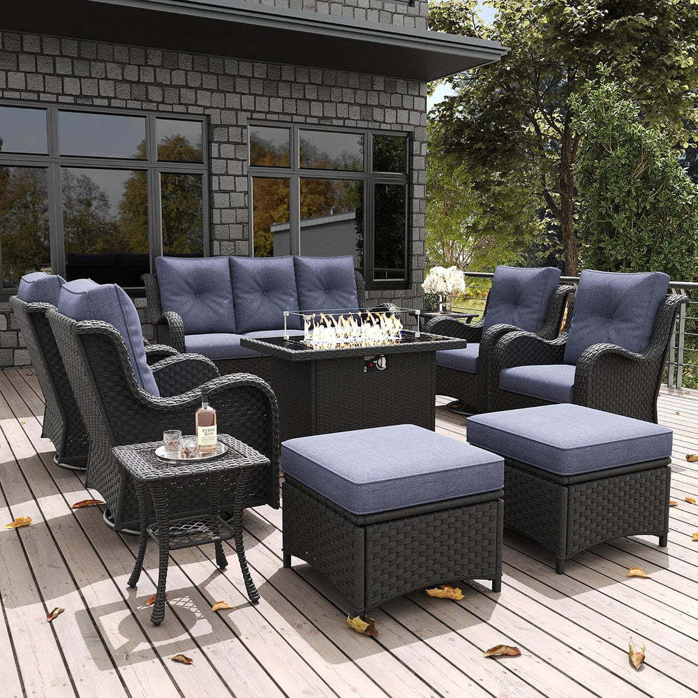 LayinSun 10 Pieces Outdoor Patio Furniture Set with Fire Pit Table, Rattan Wi...