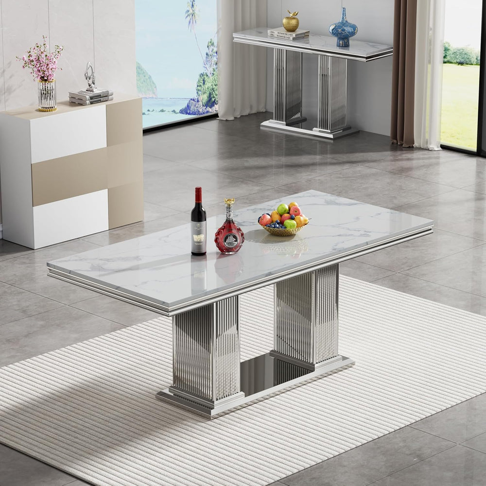 68 in Faux Marble Dining Table for 4-6, White Marble Dining Table with Silver...