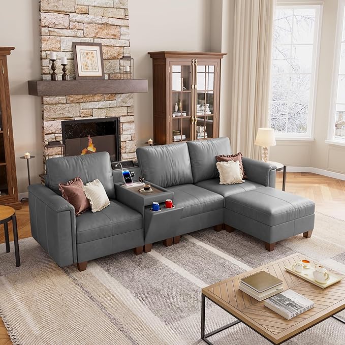 SITJOY 105" Faux Leather Modular Sectional Sofa with Storage, Mid Century Modern Sectional Couches for Living Room, 4 Seat L Shaped Couch with Ottoman and Console Table, Hidden Cupholders, Gray
