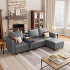 SITJOY 105" Faux Leather Modular Sectional Sofa with Storage, Mid Century Modern Sectional Couches for Living Room, 4 Seat L Shaped Couch with Ottoman and Console Table, Hidden Cupholders, Gray