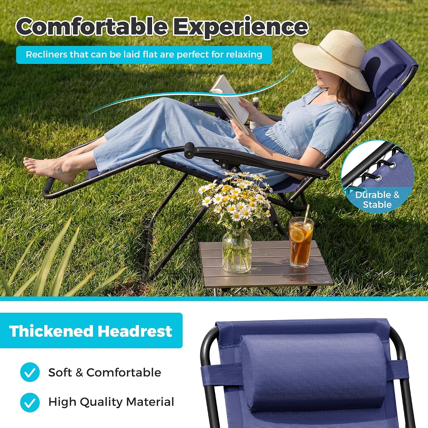 Homall Zero Gravity Chair Patio Folding Lawn Outdoor Lounge Gravity Camp Reclining Lounge Chair with Cup Holder Pillows for Poolside Backyard and Beach Set of 4 (Blue)