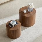 Nesting Coffee Table Set of 2, Modern Round Coffee Table Drum Side Table, Wooden Circle Accent Tables End Tables for Small Spaces Living Room Bedroom Office (Walnut)