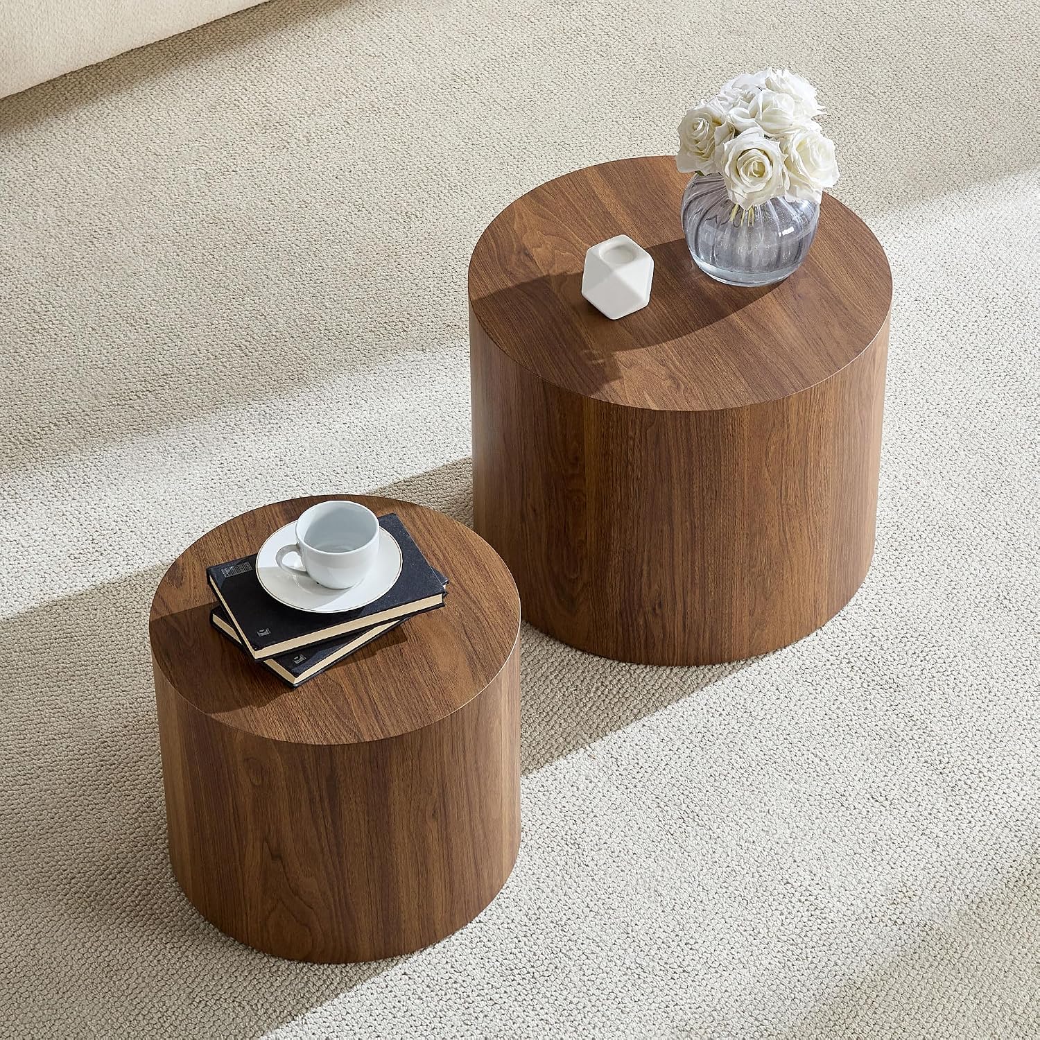 Nesting Coffee Table Set of 2, Modern Round Coffee Table Drum Side Table, Wooden Circle Accent Tables End Tables for Small Spaces Living Room Bedroom Office (Walnut)