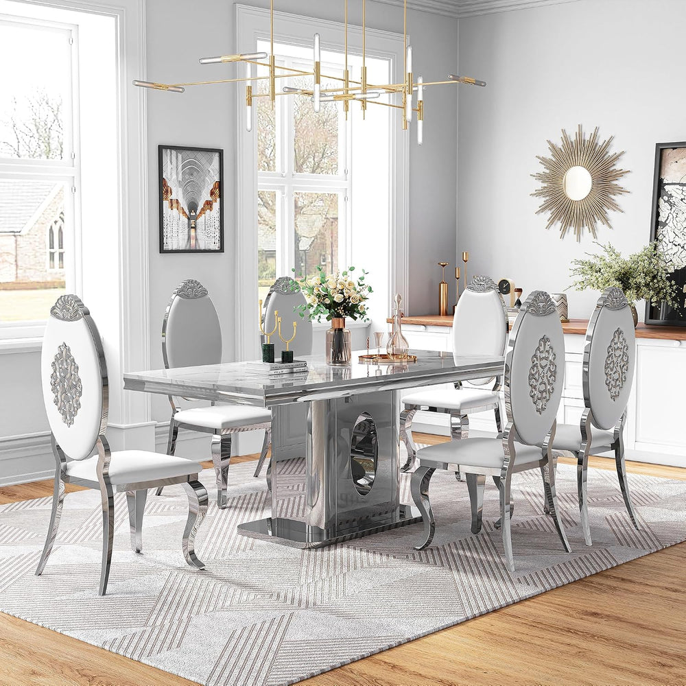 AF ARTISAN FURNITURE 7 Piece White Marble Dining Table, 70'' Rectangl...