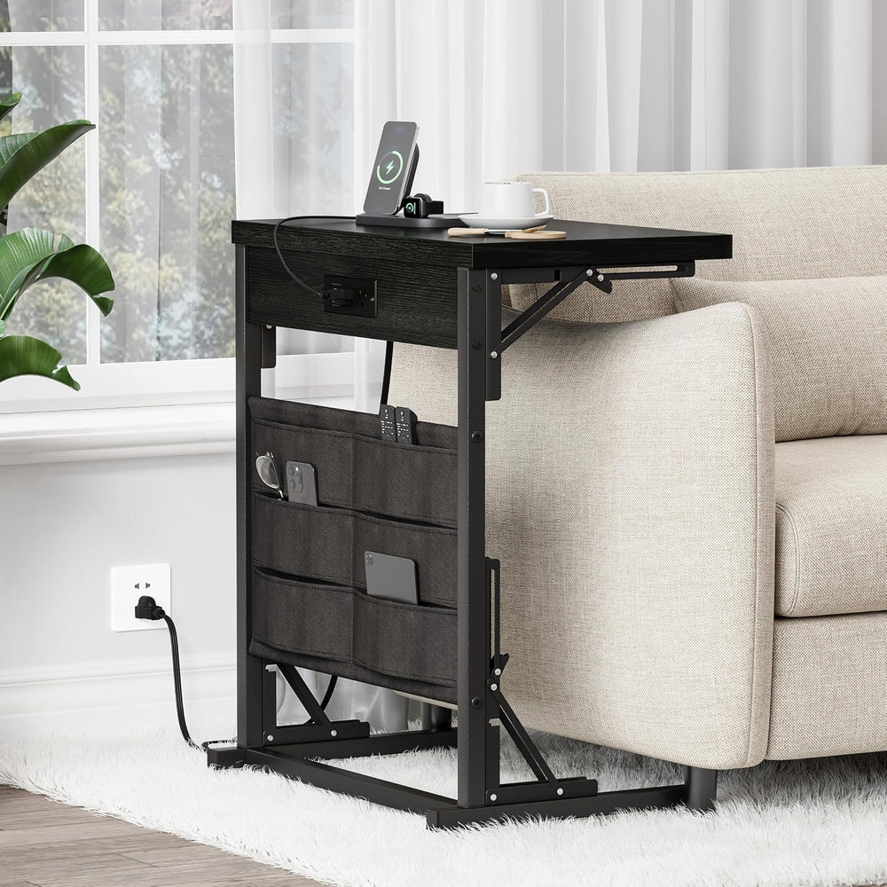 Folding C Table with Charging Station, C Shaped End Table, Sofa Tv Tray Table...