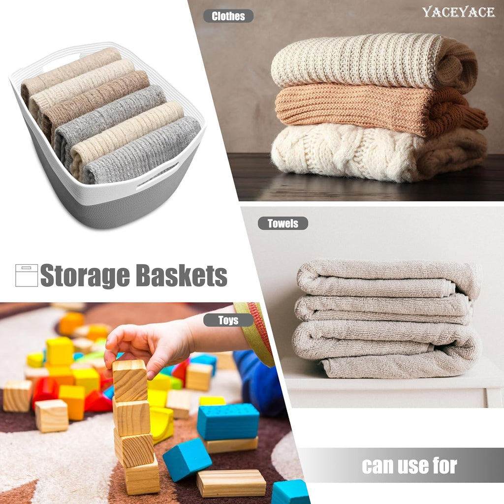 Large Blanket Basket with Handles, Big Woven Cotton Blanket for Living Room, Nursery, Big Bin Basket for Cloth, Storage, 22"x17"x12"