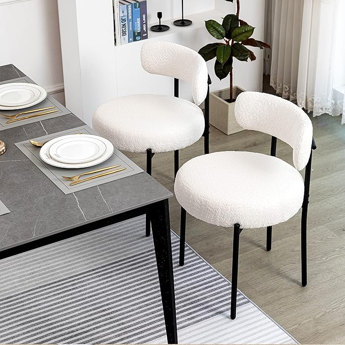 DYHOME White Boucle Dining Chairs Set of 2, Mid Century Modern Kitchen Chairs...