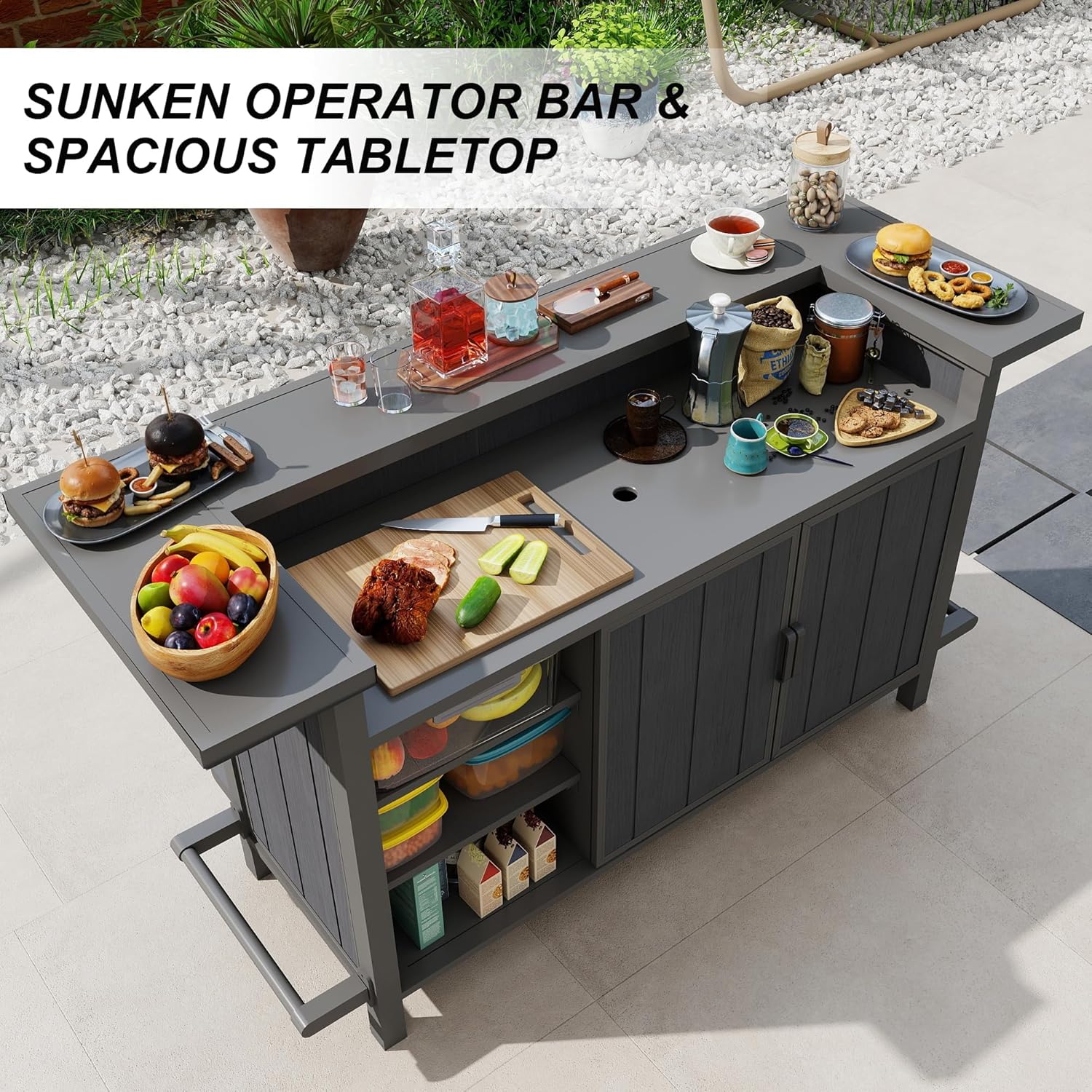 Domi Patio Bar Table, Outdoor Aluminum Bar Height Table with Cabinet, All Weather Use Storage Patio Cart for Patio Kitchen or Bar Cart, Black Grey