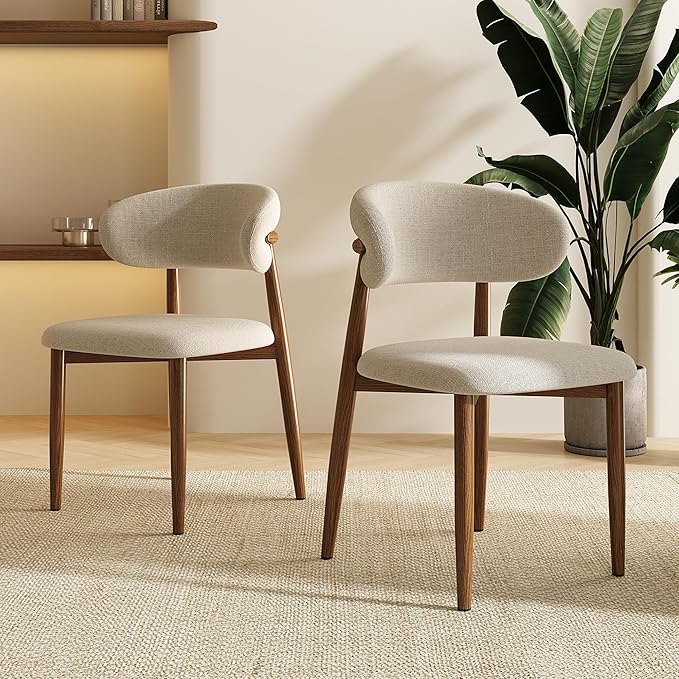 Dining Chairs Set of 2 for Kitchen Dining Table Mid Century Modern Farmhouse Upholstered Linen Dining Room Chairs with Metal Legs, Walnut Beige