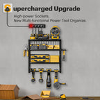 Power Tool Organizer Wall Mount with Charging Station, 4 Drill Holders and 4 Layers Garage Organization, Tool Battery Holder with 4 Outlet Power Strip, Tool Storage for Workshop Pegboard, Shed