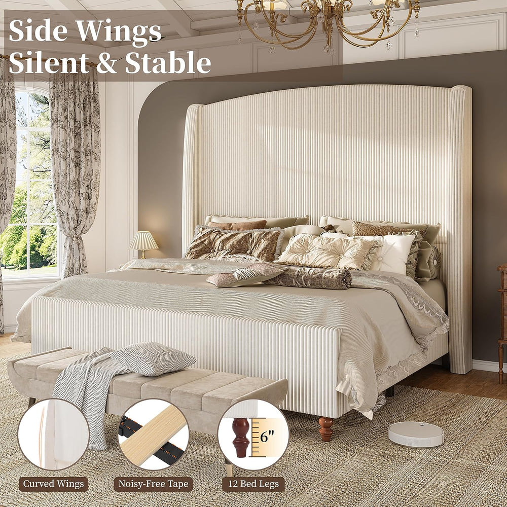 65.7" Tall Headboard Queen Size Upholstered Wingback Bed Frame, Cream