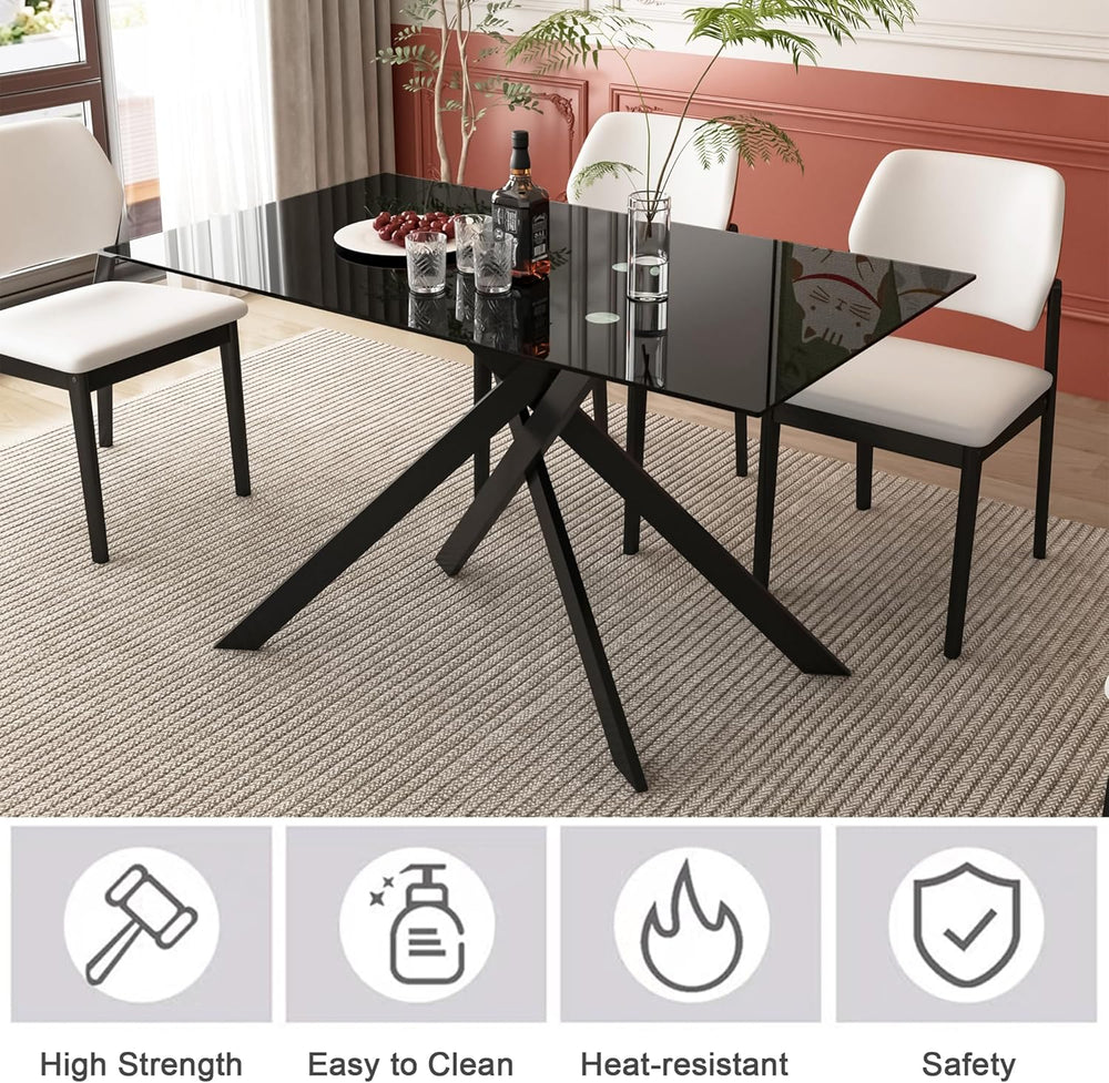 51.2" Glass Dining Table for 2-4 People, Modern Kitchen Table with Black...