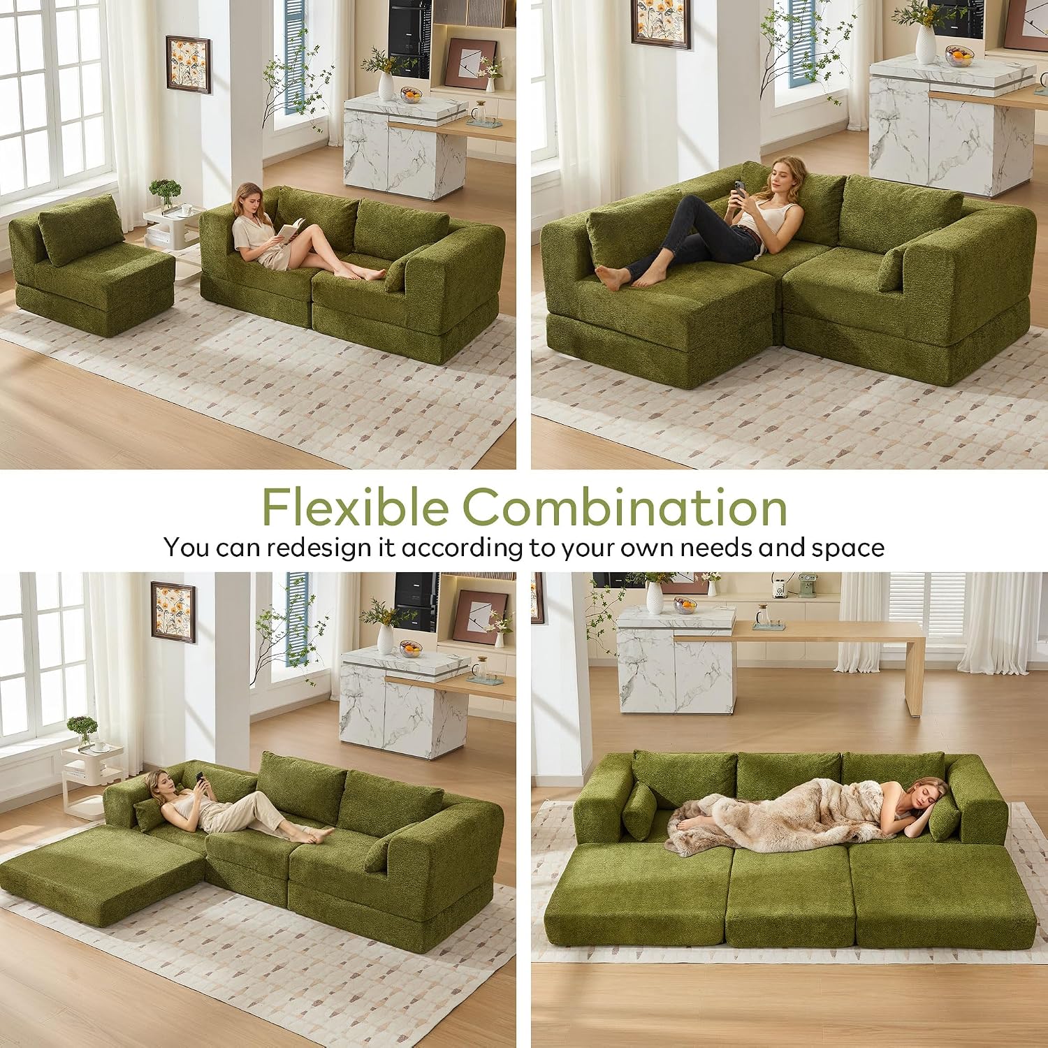 106" Chenille Folding Convertible Sleeper Sofa Bed, Green Pull Out Floor Modular Couch with Pillow, Memory Foam Boneless Couchs Sectional for Living Room Bedroom (3, Green)