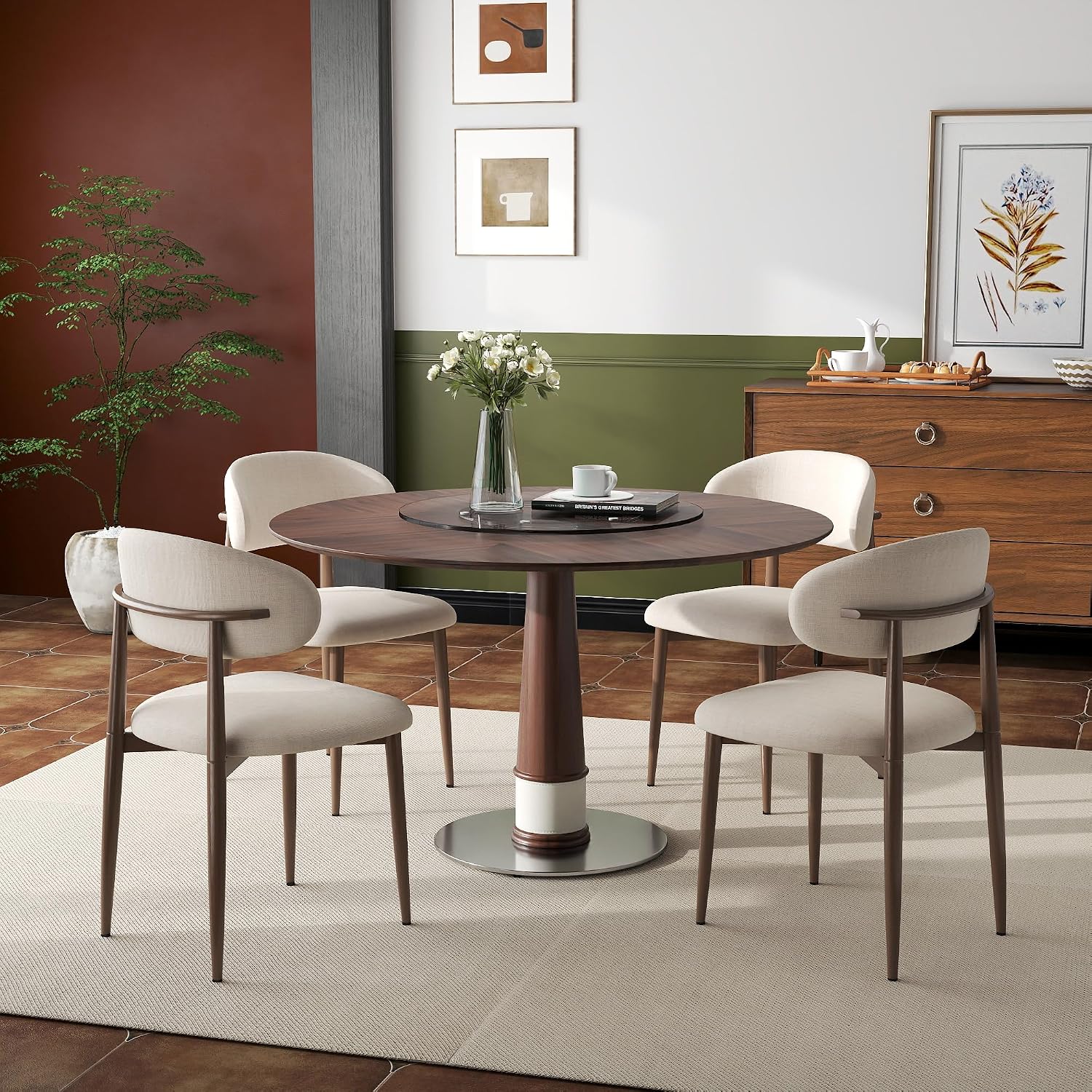 Beige Dining Chairs Set of 2, Modern Upholstered Dining Room Chair with Linen Fabric, Farmhouse Kitchen Side Chairs for Home, Apartment, Restaurant, Walnut Metal Legs(Chair Only)