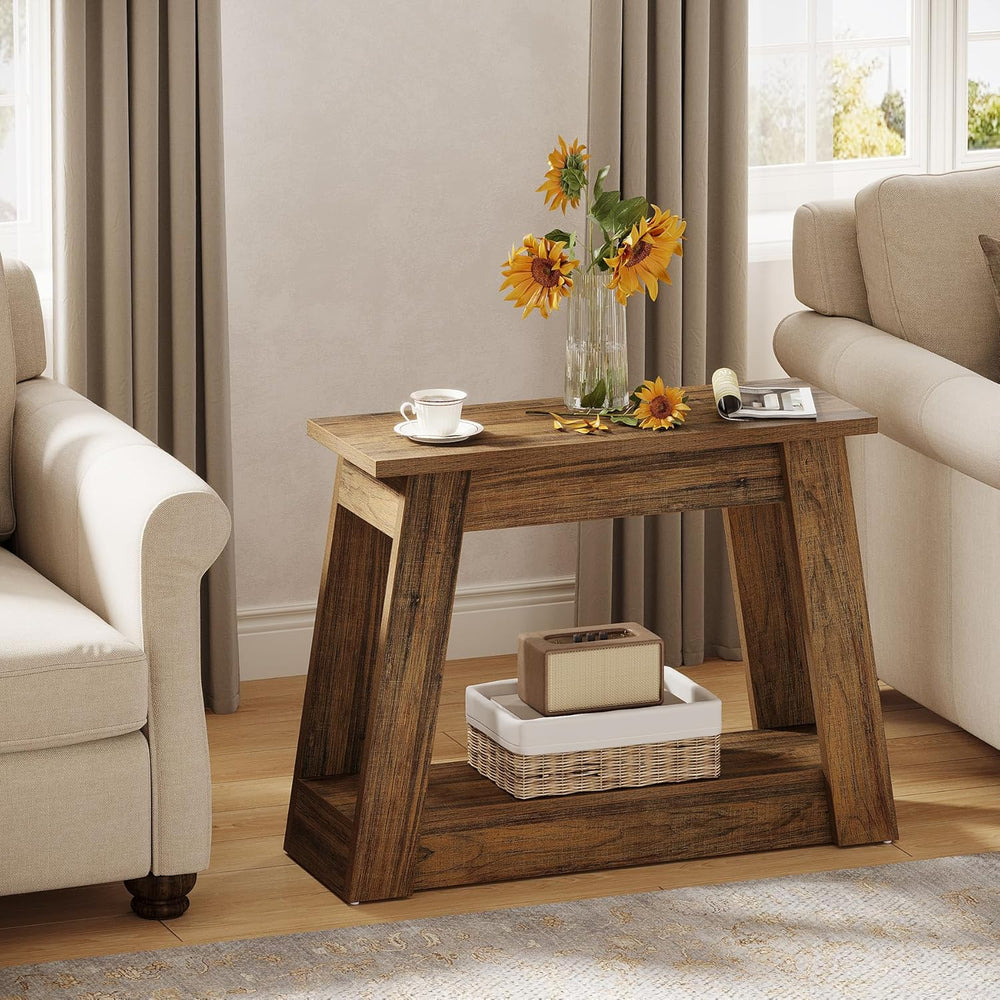 Tribesigns Wood End Table, Small Side Table with 2 Storage Shelves, Rustic Ac...