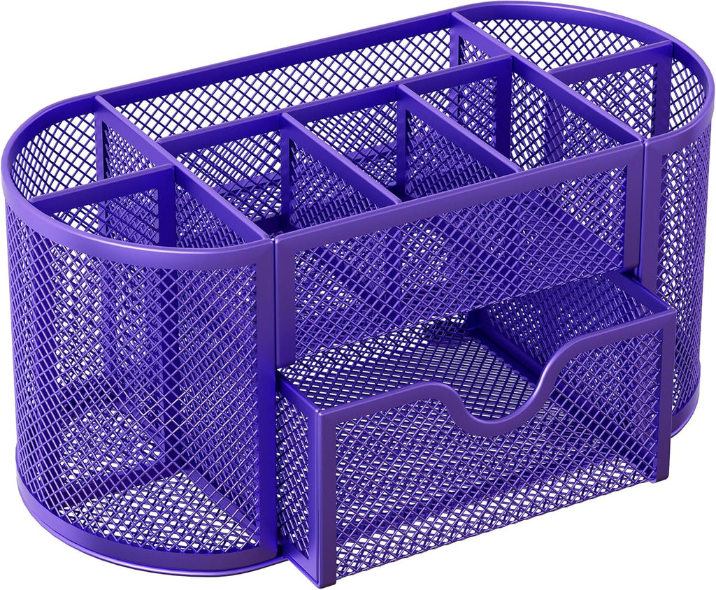 EasyPAG Mesh Pen Holder Desk Organizer with Drawer Stationery Supplies Organizer for Dorm School 9 Compartments Workspace Desk Accessories Organization for Office, Purple