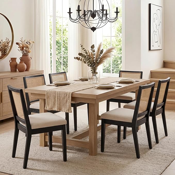 HNY Farmhouse Rattan Dining Chairs Set of 6, Mid Century Modern Kitchen & Dining Room Chairs, Cane Upholstered Kitchen Side Chair with Black Hardwood Frame, Beige