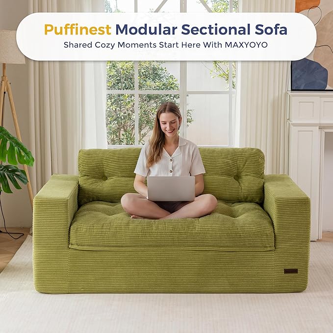 MAXYOYO 63" Loveseat Sofa Couch for Small Spaces, Upholstered Boneless Cloud Couch for Apartment Bedroom, 2-Seater Love Seat Floor Modern Sofa with Pillows, No Assembly Required, Green