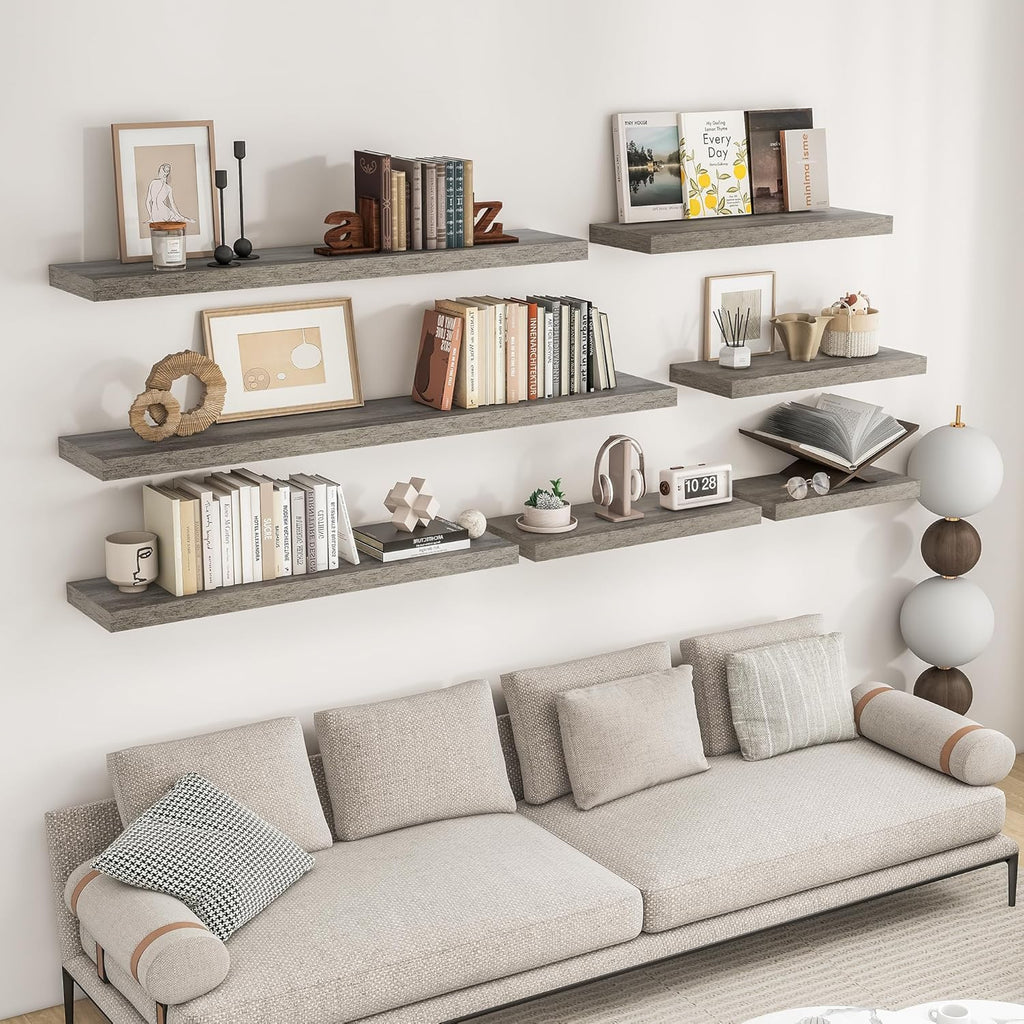 RICHFOCUS 72Inch Floating Shelves for Wall 2 Pack Shelves for Bedroom|Kitchen|Bathroom Wall Mounted Rustic Wood Floating Shelf with Invisible Brackets for Books|Storage|Decor, Grey