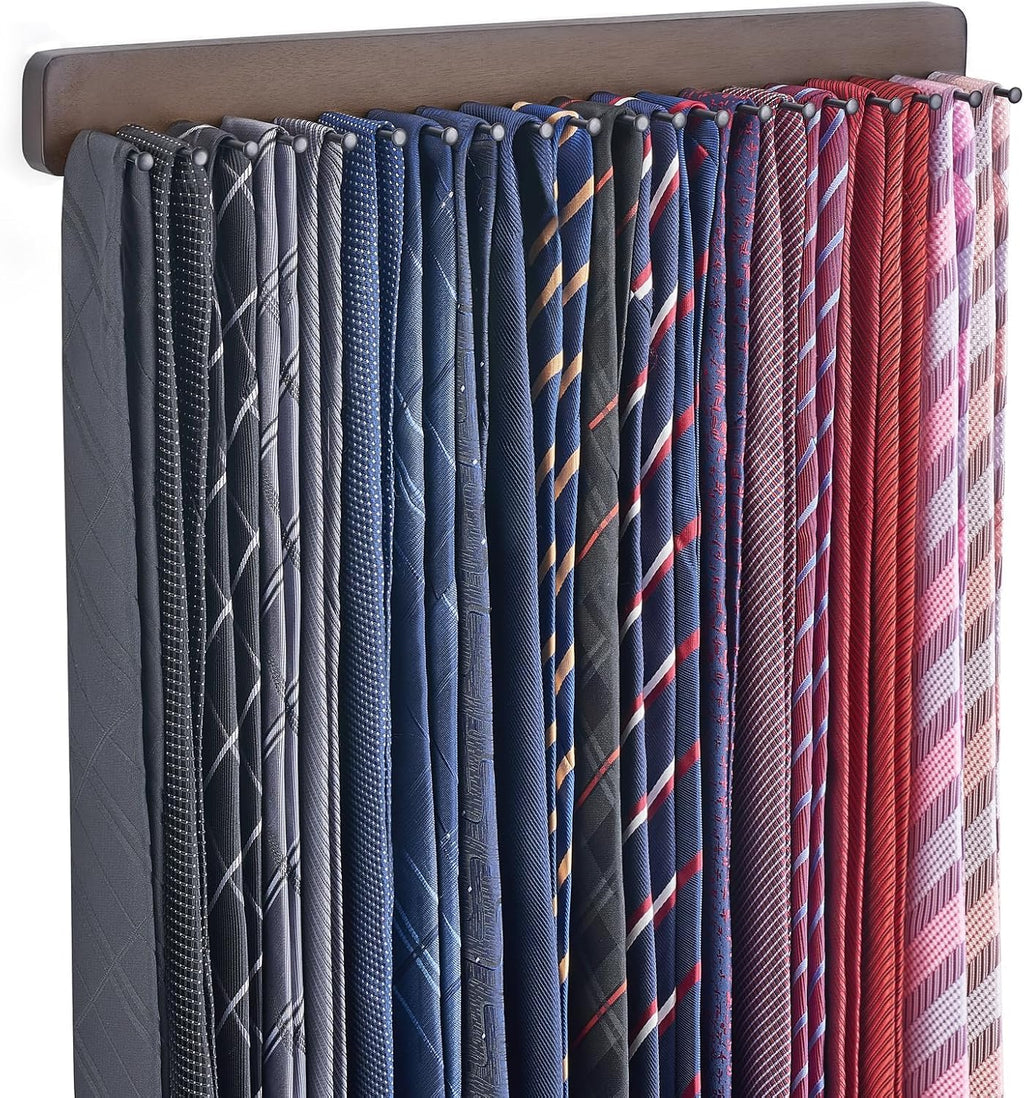 Mkono Tie Rack Wall Mounted Belt Hanger Holder Rustic Wood Tie Organizer for Men Closet Max up 20 Storage for Ties Belts Scarf