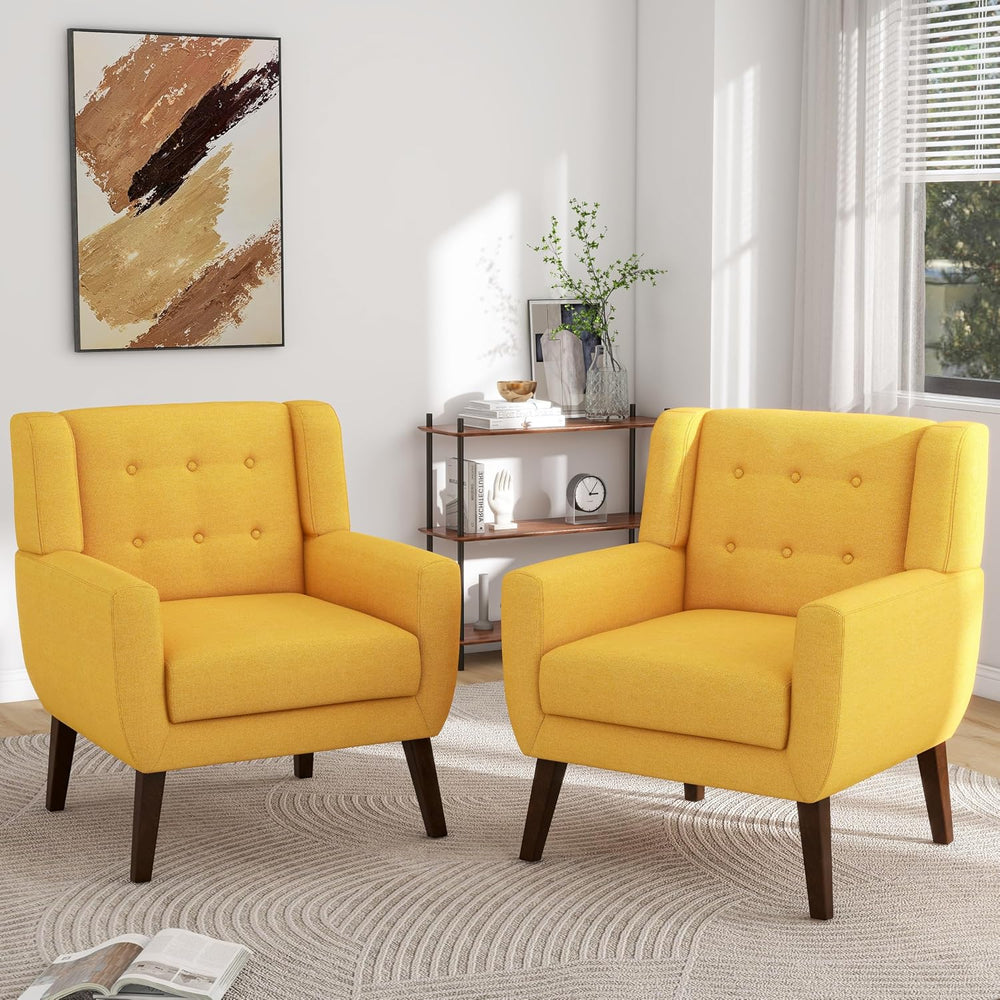 Mid Century Modern Button Tufted Yellow Set of 2 Accent Armchair for Living Room