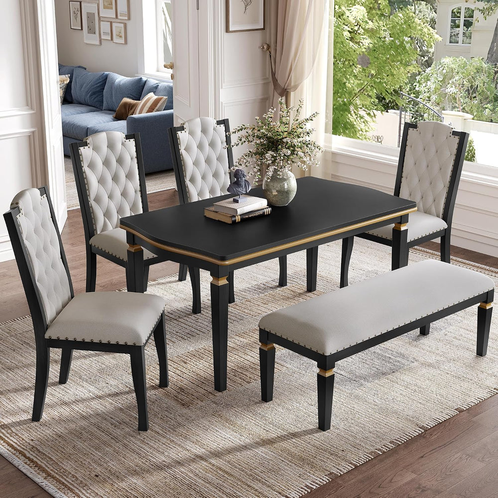 LUMISOL 6-Piece Farmhouse Dining Table Set, 60” Solid Wood Table, 4 Upholster...