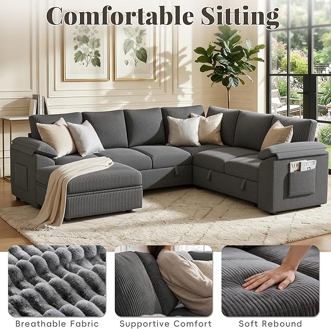108 Inch Sectional Sleeper Sofa Bed with Pull Out Couch, U Shaped 7 Seat Cloud Modular Sectional Sofa with Storage, Corduroy Sectional Couches for Living Room, Removable Sofa Cover, Dark Grey