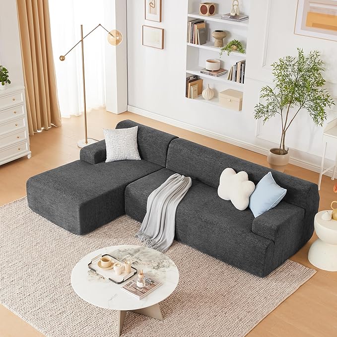 107" Modular Sectional Cloud Couch, Boneless couches Sponge sectionals for Living Room, High Density Sponges Sofa, Modular L-Shape with Chaise, Darkgrey