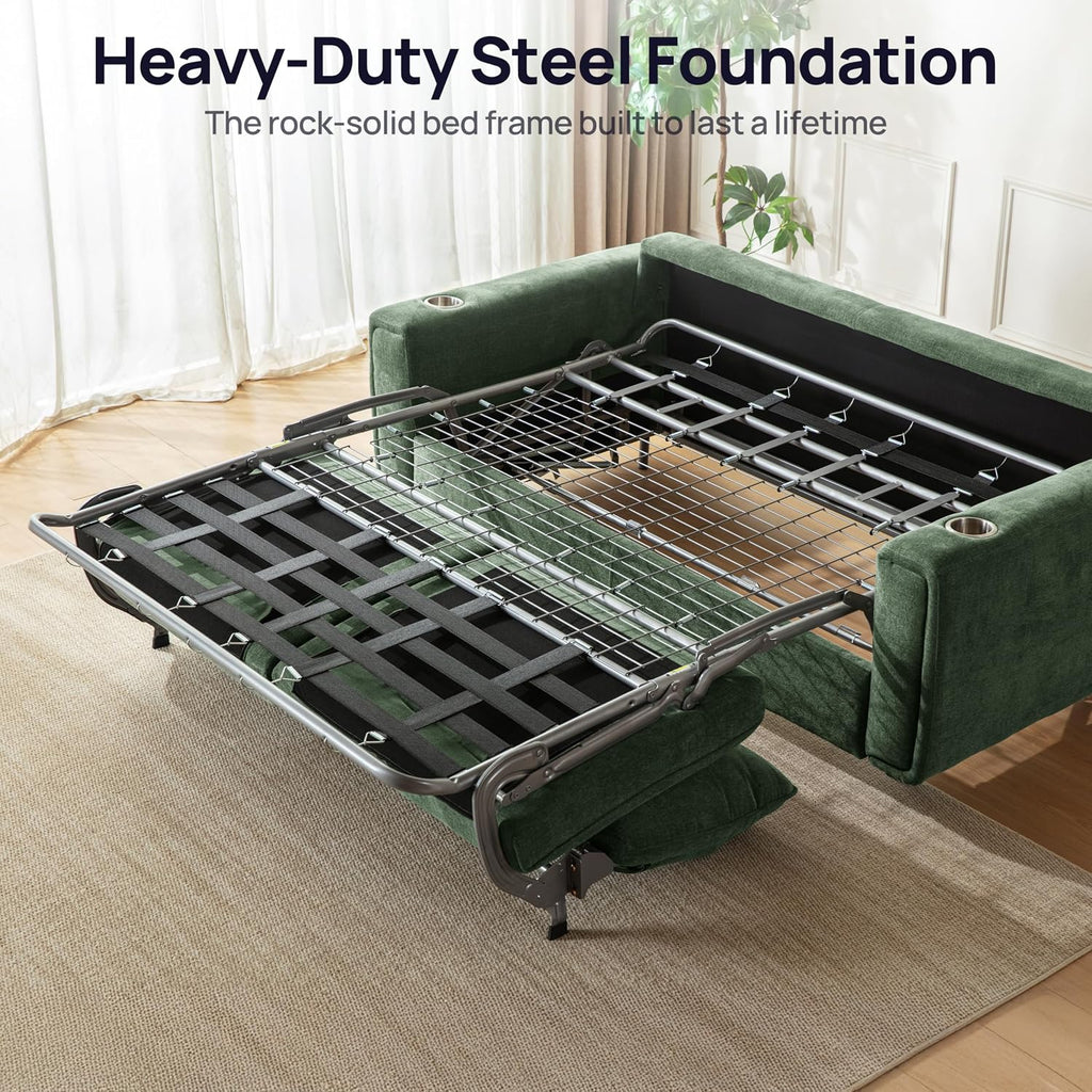 Pull Out Sofa Bed, No Cushion Removal, Queen Sleeper Sofa with USB Fast Charging, Memory Form Mattress, 2-in-1 Convertible Comfy Loveseat Couch Bed for RV, Apartment, and Small Spaces (Green)