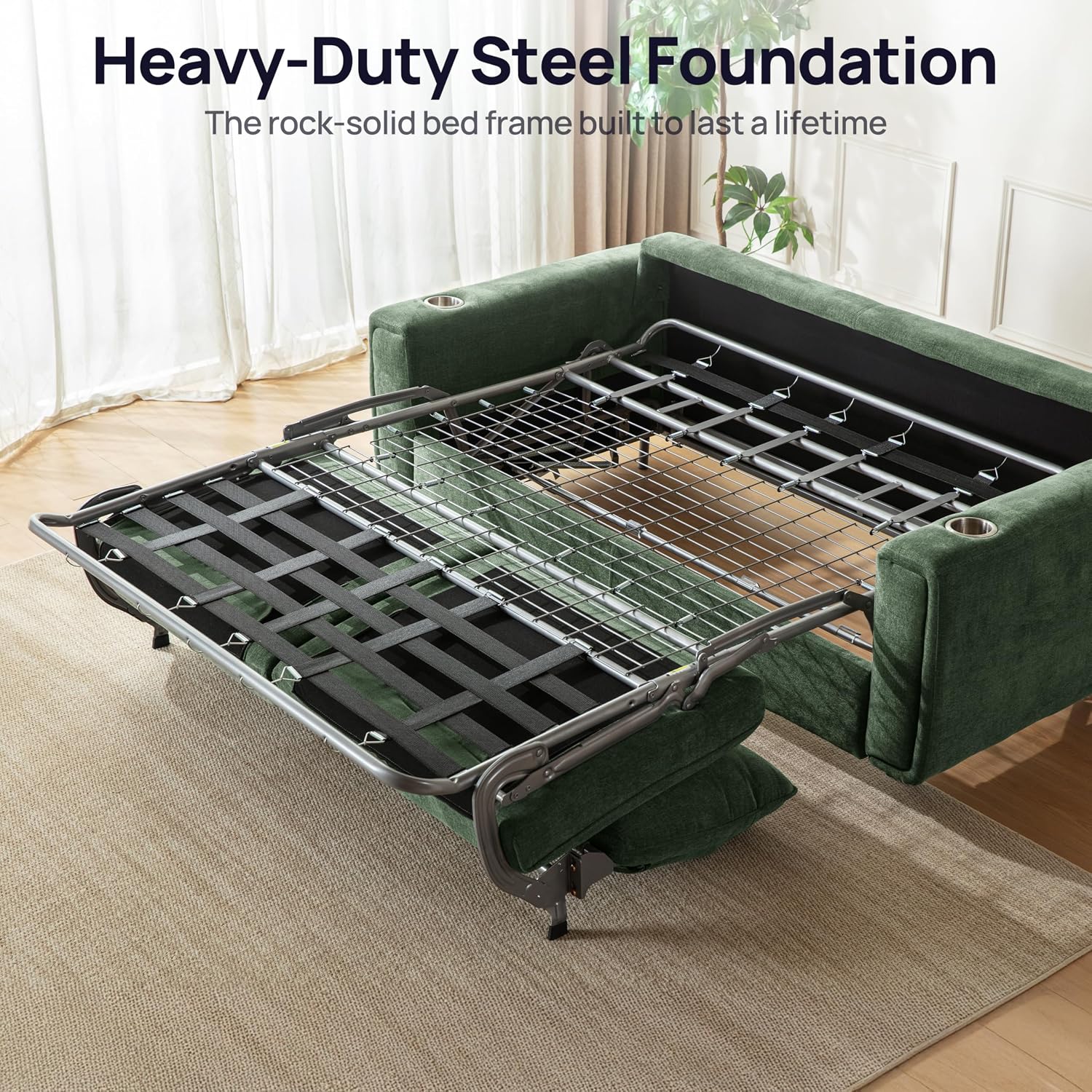 Pull Out Sofa Bed, No Cushion Removal, Queen Sleeper Sofa with USB Fast Charging, Memory Form Mattress, 2-in-1 Convertible Comfy Loveseat Couch Bed for RV, Apartment, and Small Spaces (Green)