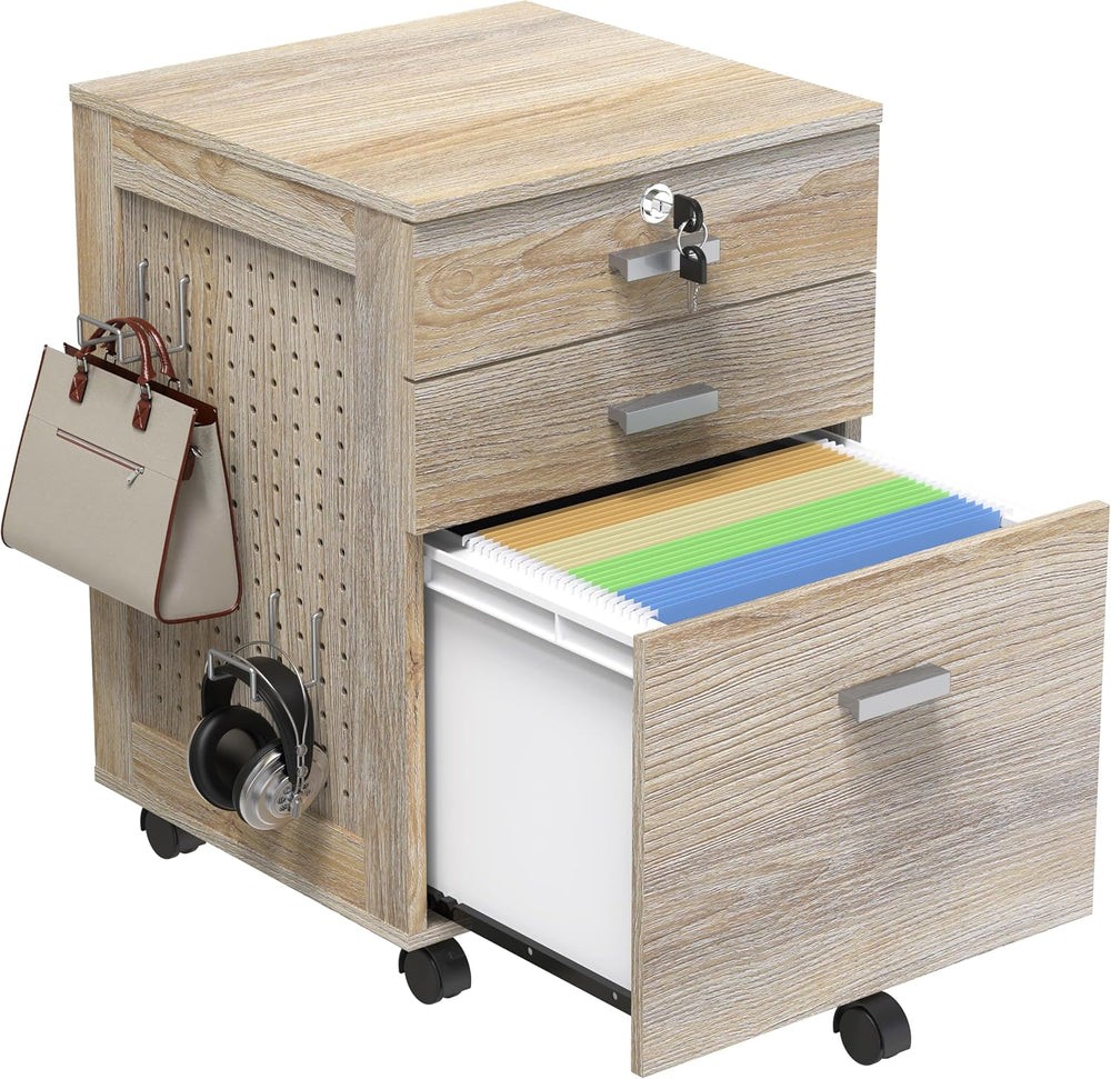 SHW Box File Rolling Mobile Cabinet with Side Pegboard, Maple | Lockable Drawer
