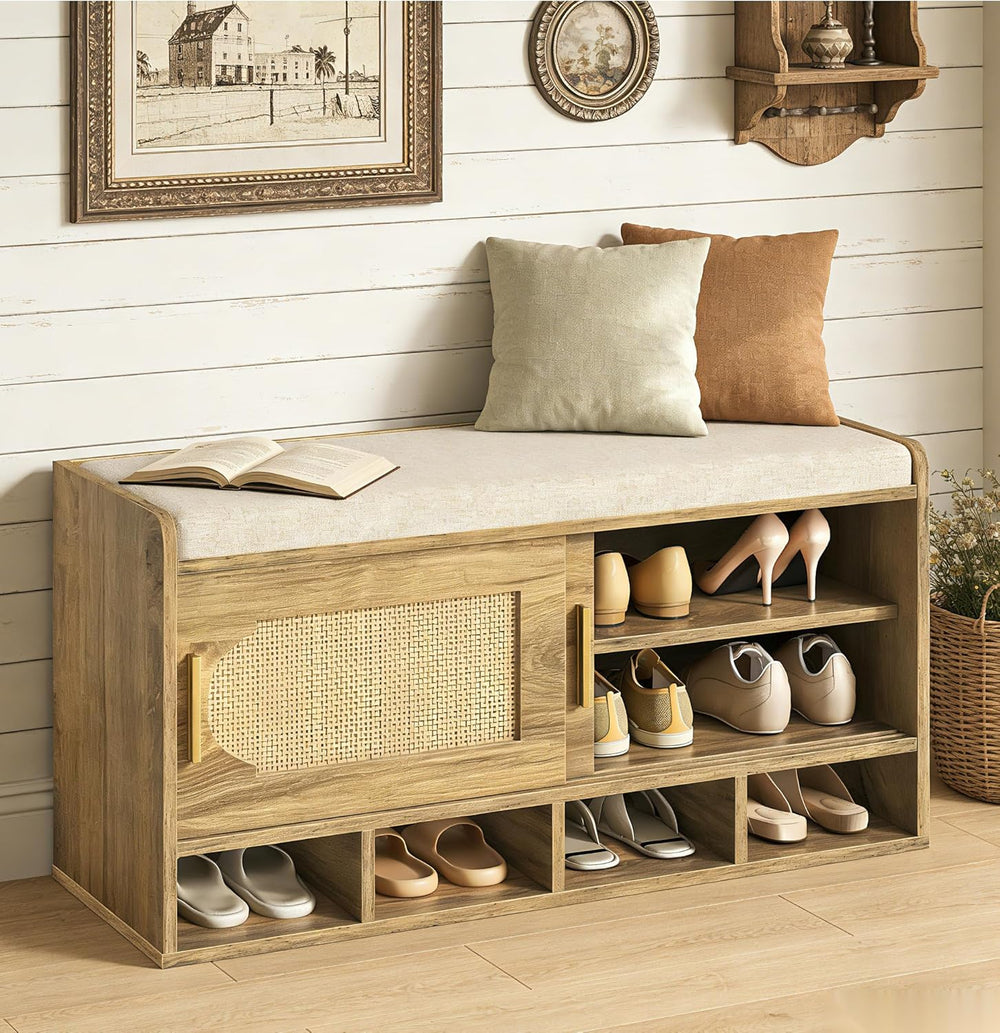 Shoe Storage Bench, 39.4" Entryway Bench with Linen Seat Cushion, 3-Tier...