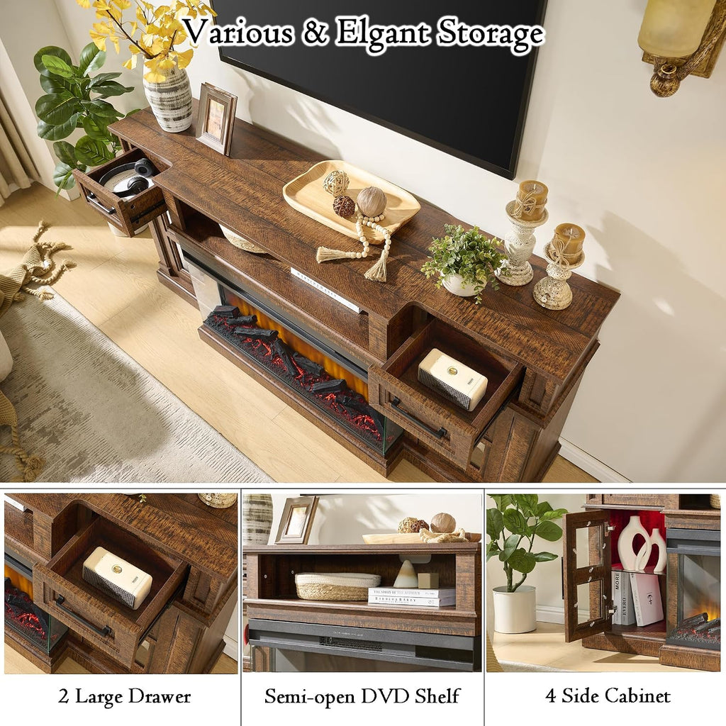 3-Side Fireplace TV Stand for up to 80 Inch TV, LED Entertainment Center with 36 Inch Electric Fireplace, Farmhouse TV Console Table w/Drawers & Cabinets for Living Room, Cherry