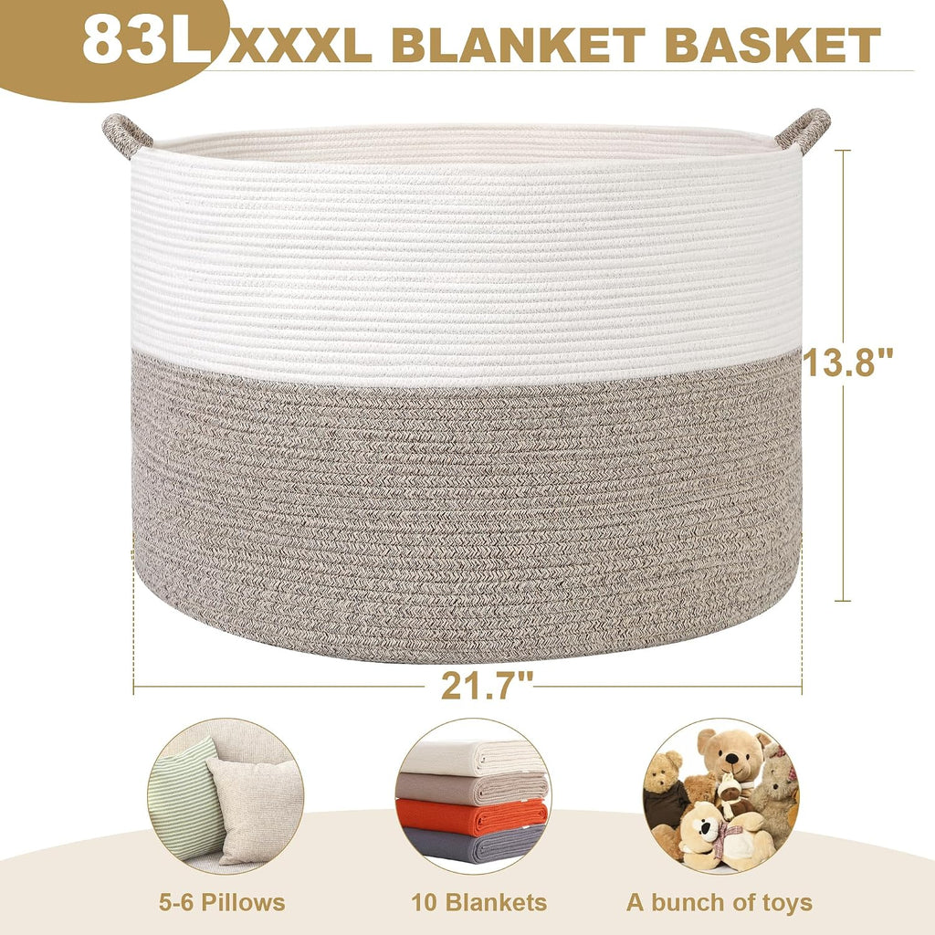 XXXL Large Blanket Basket for Living Room, 21.7" x 13.8" Woven Cotton Rope Laundry Hamper for Pillows, Towels & Toy Storage - Decorative Round Storage Basket with Handles for Nursery, Baby & Dog Toys