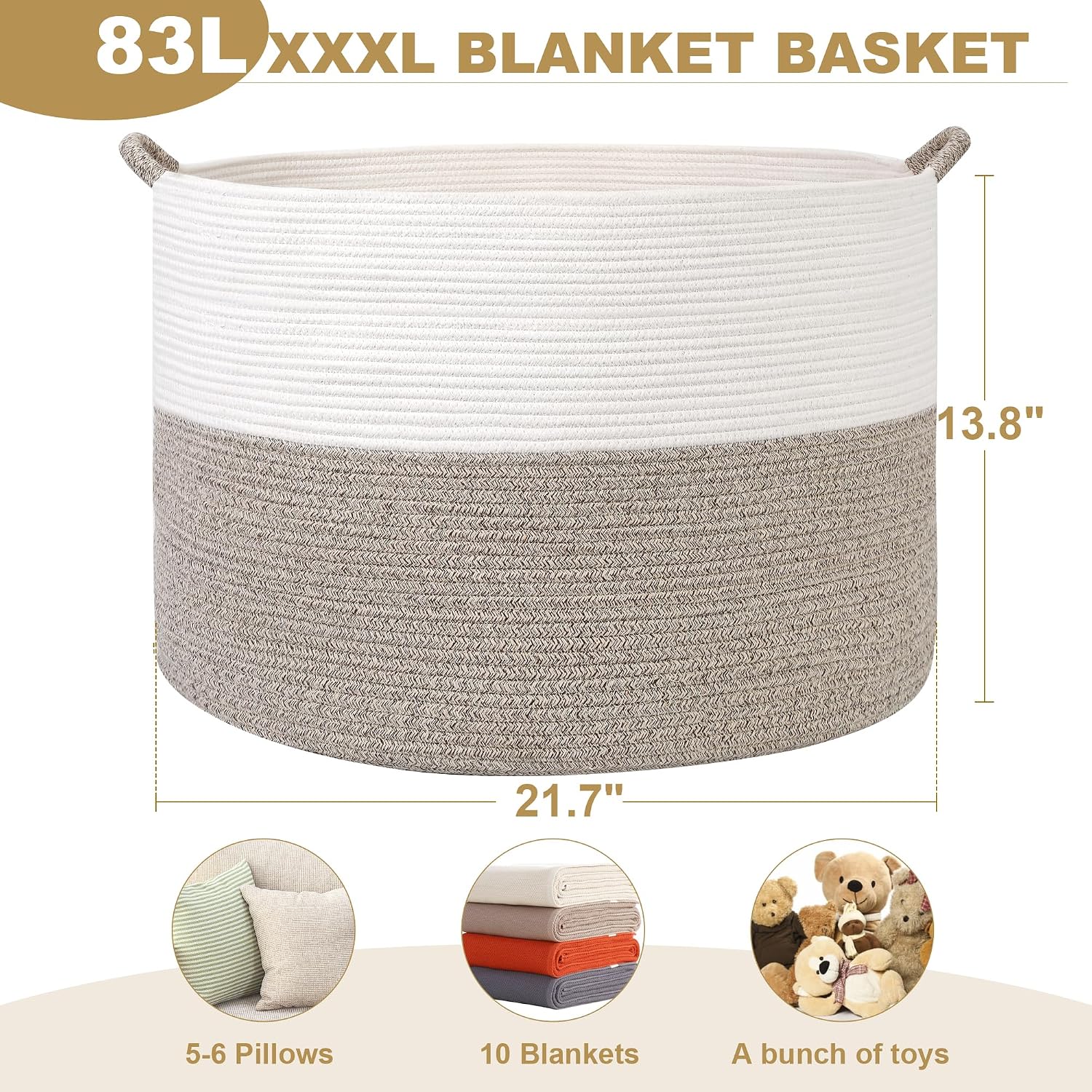 XXXL Large Blanket Basket for Living Room, 21.7" x 13.8" Woven Cotton Rope Laundry Hamper for Pillows, Towels & Toy Storage - Decorative Round Storage Basket with Handles for Nursery, Baby & Dog Toys