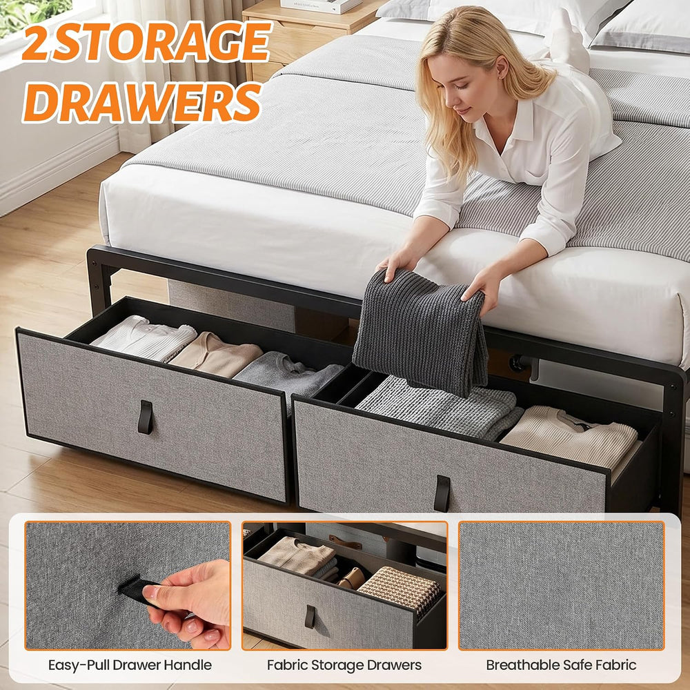 Queen Bed Frame with 2 Storage Drawers & Charging Station, Headboard, Grey