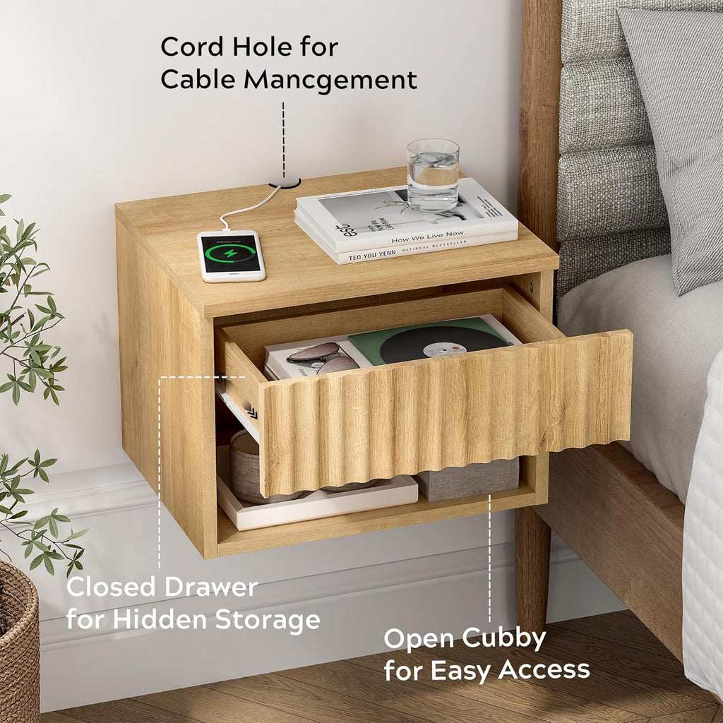 Floating Nightstand with Drawer, Modern Small Night Stand with Fluted Door and Open Storage Shelf Wall Mounted Bedside Table for Bedroom, Entryway Natural Oak
