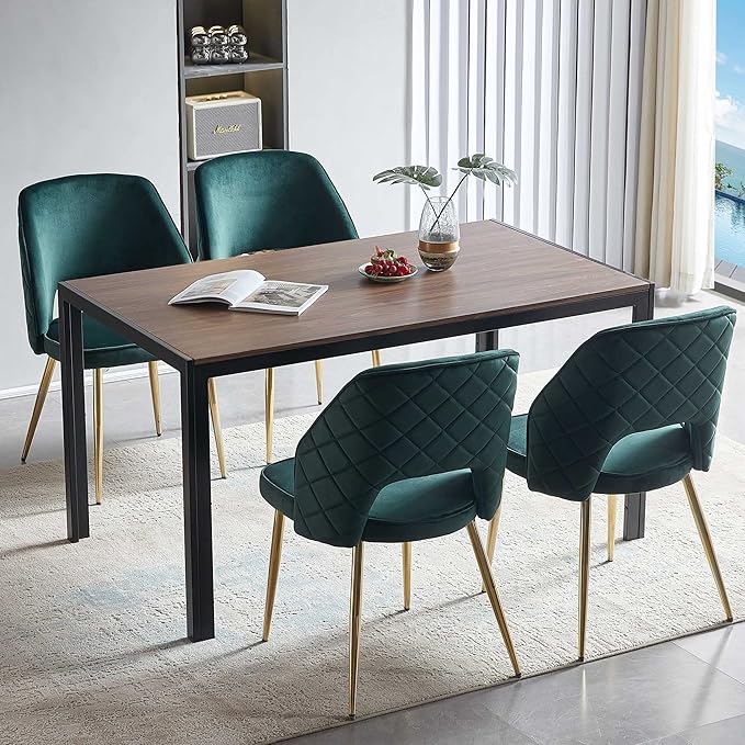 NORDICANA Modern Dining Chair Set of 4, Forest Green Velvet Fabric Upholstered Accent Chairs with Golden Metal Legs, Round Back Side Chairs for Kitchen Living Room Bedroom
