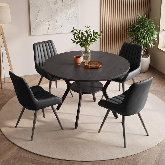 Miereirl 42.13" 5-Piece Round Dining Table Set for 4, Kitchen Table Set with 4 Upholstered Chairs and Storage Shelf, Dining Room Furniture Set for Apartment, Small Spaces