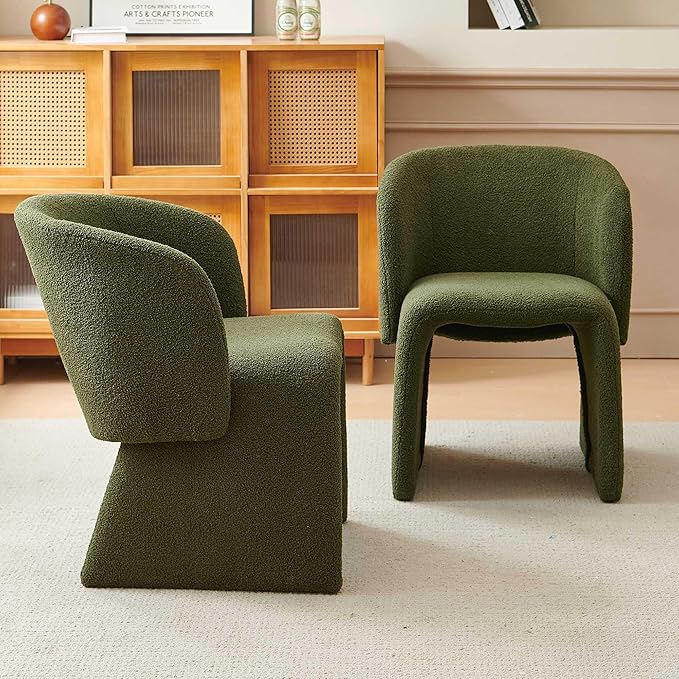 NORDICANA Barrel Dining Room Chairs with Arms, Faux Fur Accent Chairs Set of 2, for Kitchen, Living Room, Upholstered Armchairs, Green