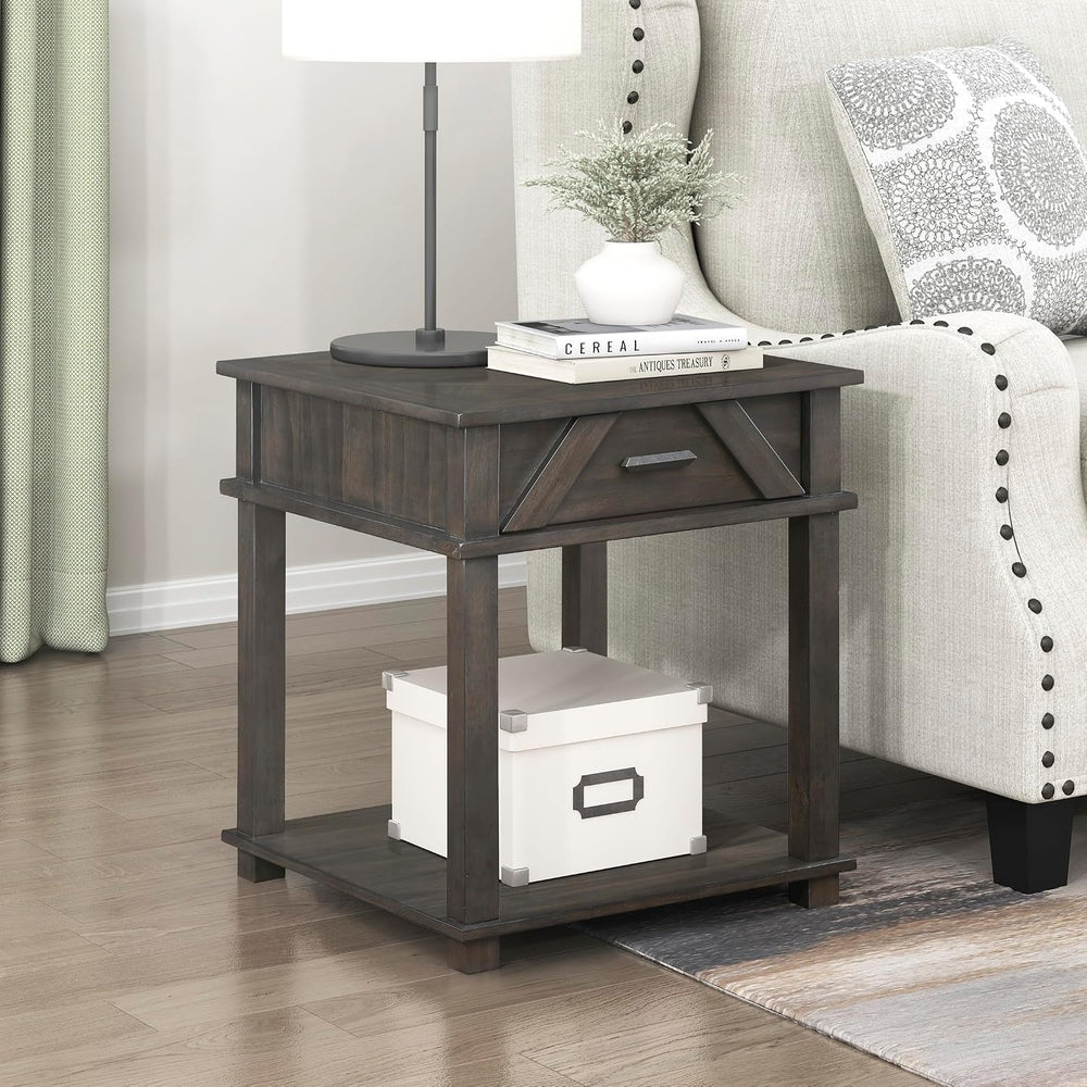 Lexicon Rectangle Wood End Table with Drawer and Lower Open Shelf, Pine Wood ...