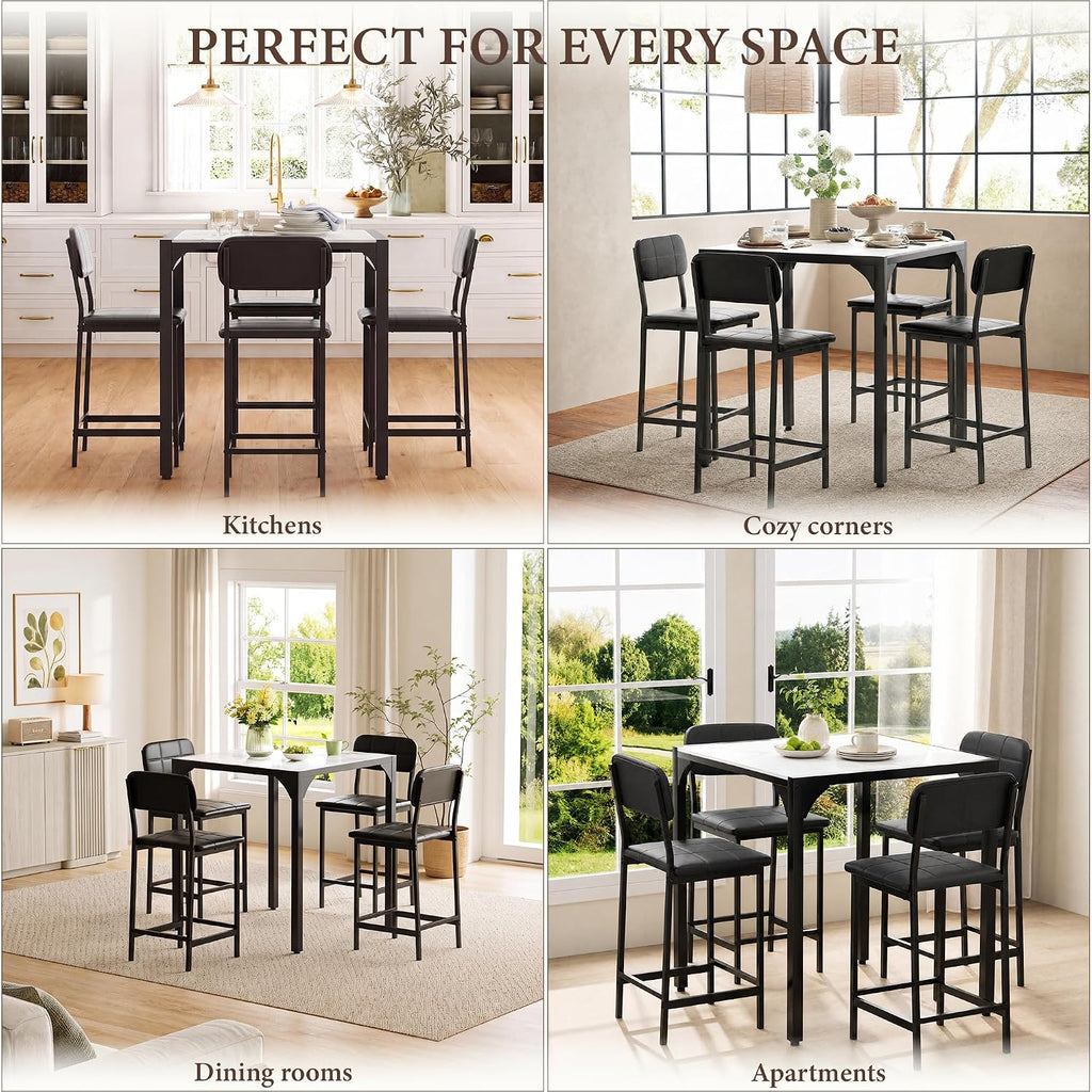 XIAO WEI 5-Piece Counter Height Dining Table Set for 4, Marble-Look, Black | Counter height table, Dining table set for 4, Wide padded chairs, Marble-look top, Space-saving tuck-away frame