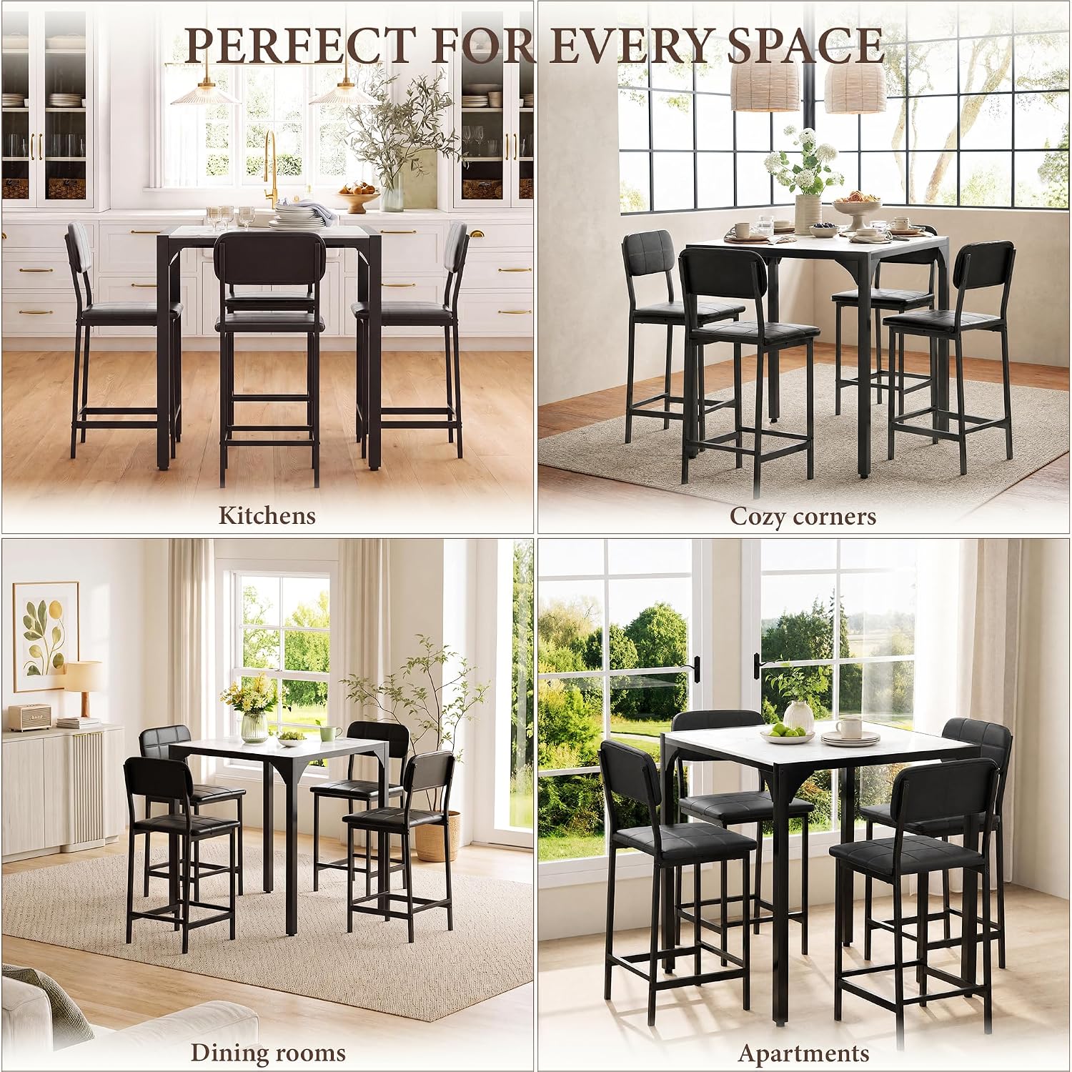 XIAO WEI 5-Piece Counter Height Dining Table Set for 4, Marble-Look, Black | Counter height table, Dining table set for 4, Wide padded chairs, Marble-look top, Space-saving tuck-away frame