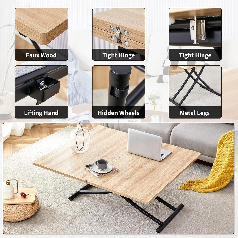 Space Saving Folding Dining Table, Adjustable Height Foldable Coffee Table wi...
