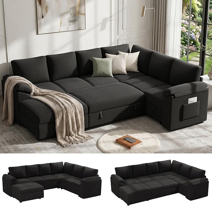 108 Inch Sectional Sleeper Sofa Bed with Pull Out Couch, U Shaped 7 Seat Cloud Modular Sectional Sofa with Storage, Corduroy Sectional Couches for Living Room, Removable Sofa Cover, Black