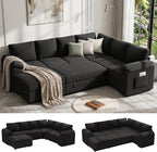 108 Inch Sectional Sleeper Sofa Bed with Pull Out Couch, U Shaped 7 Seat Cloud Modular Sectional Sofa with Storage, Corduroy Sectional Couches for Living Room, Removable Sofa Cover, Black