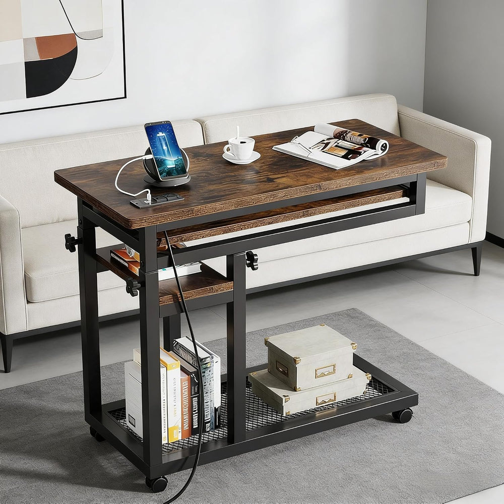 Side Table with Wheels, Mobile C Table,Narrow Desk,Convenient Charging Station