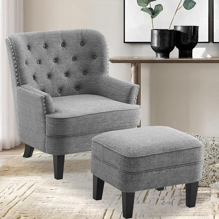 Rosevera Accent Chair with Ottoman Set - Mid-Century Modern Upholstered Armchair for Living Room or Bedroom - Comfy Reading Chair with Footrest, Small Accent Chair -Grey