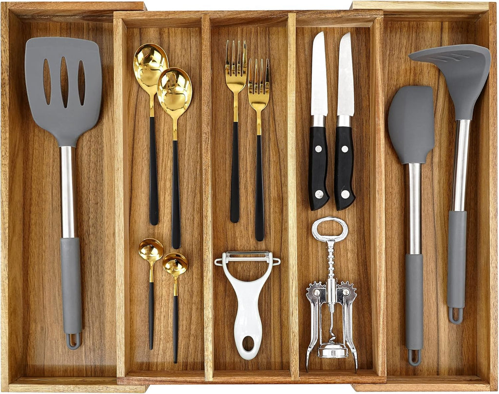 Luxury Acacia Silverware Organizer -Kitchen Drawer Organizer - Utensil Holder and Cutlery Organizer with Grooved Drawer Dividers for Flatware and Kitchen Utensils (5 Slot)