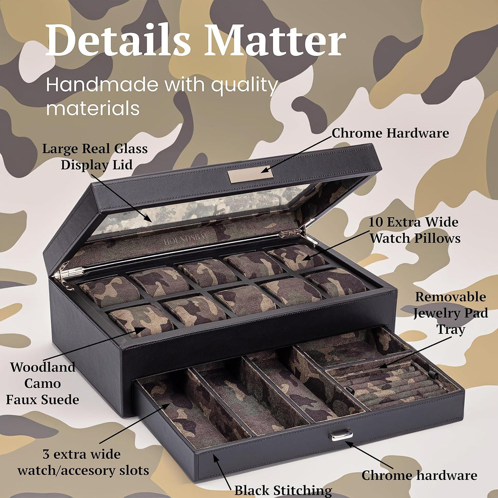 HOUNDSBAY Yachtsman Large Watch Box Jewelry Organizer for Men, Camo Gifts for Men, Jewelry Box Organizer, Watch Display & EDC Storage Drawer, Watch Case